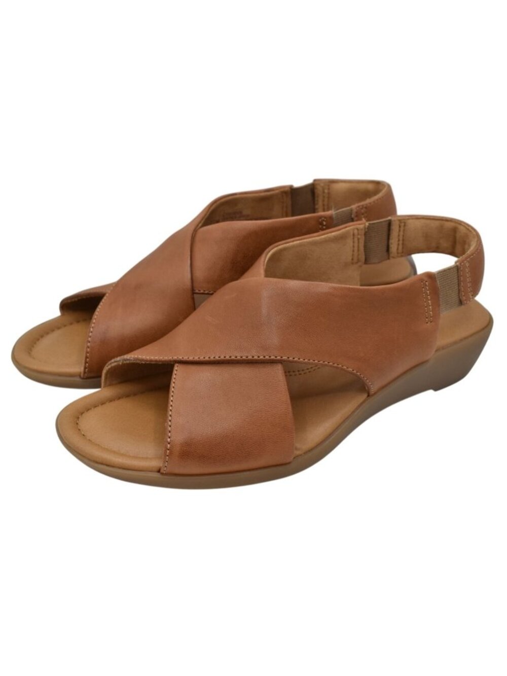 Comfortiva Women 7.5 Emilee Luggage Leather Slip On Strappy Criss Cross Sandals